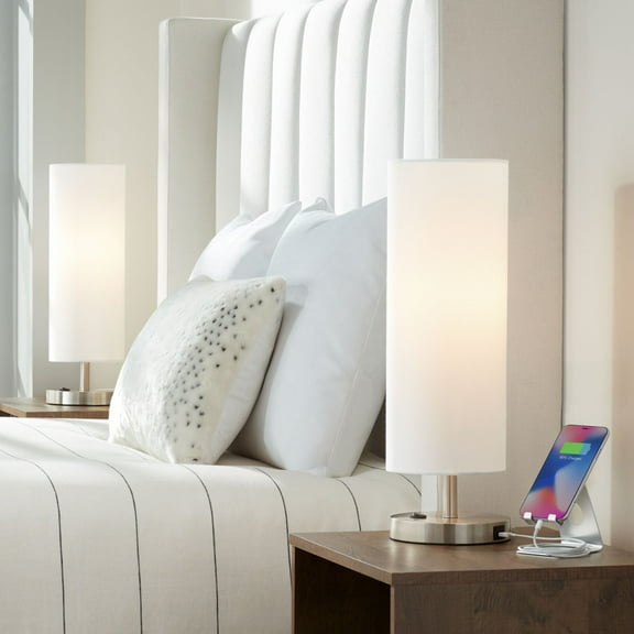 360 Lighting Heyburn Modern Accent Table Lamps 20" High Set of 2 Brushed Nickel with USB and AC Power Outlet in Base White Cylinder Shade for Desk