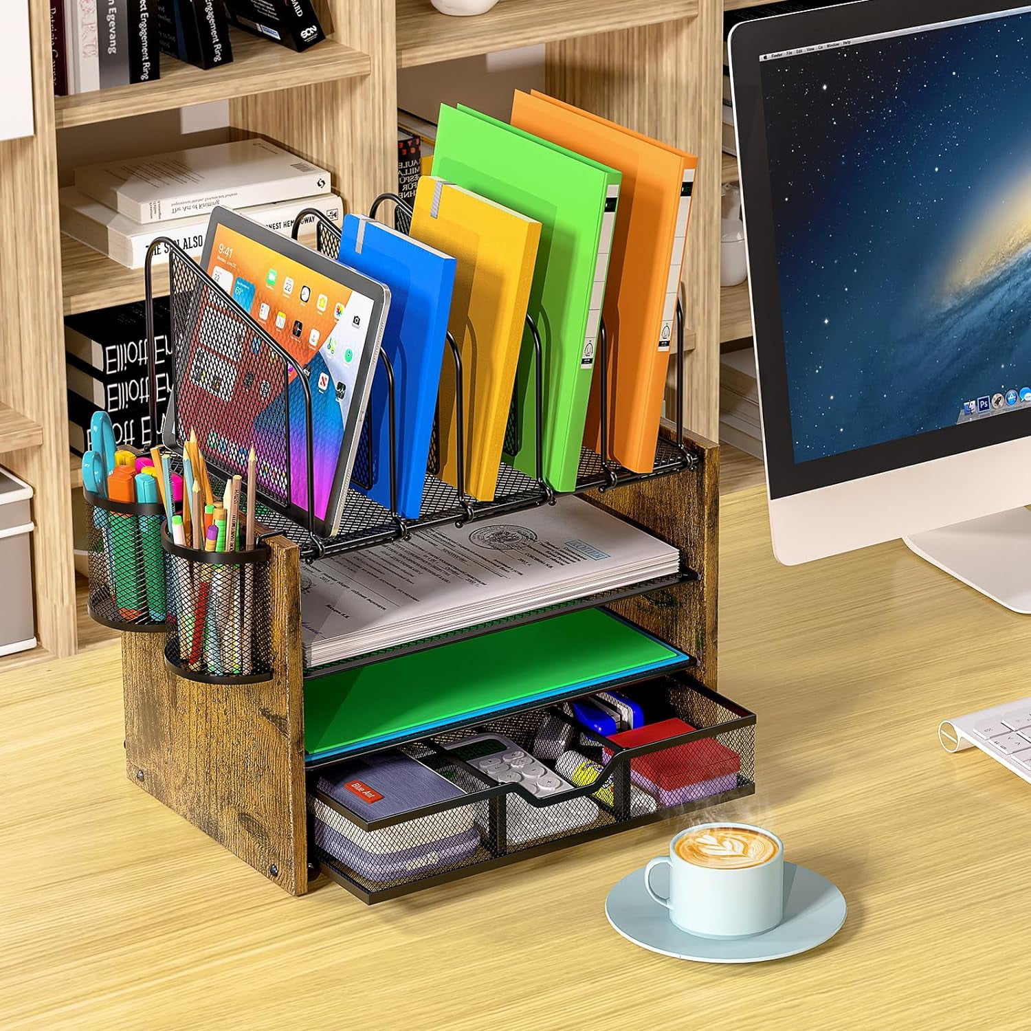 4-Tier Mesh Desk Organizer, Wooden Desk File Organizer with 5 Vertical File Holders and 2 Pen Holders, Desktop Organizers and Accessories with Drawer for Home Office