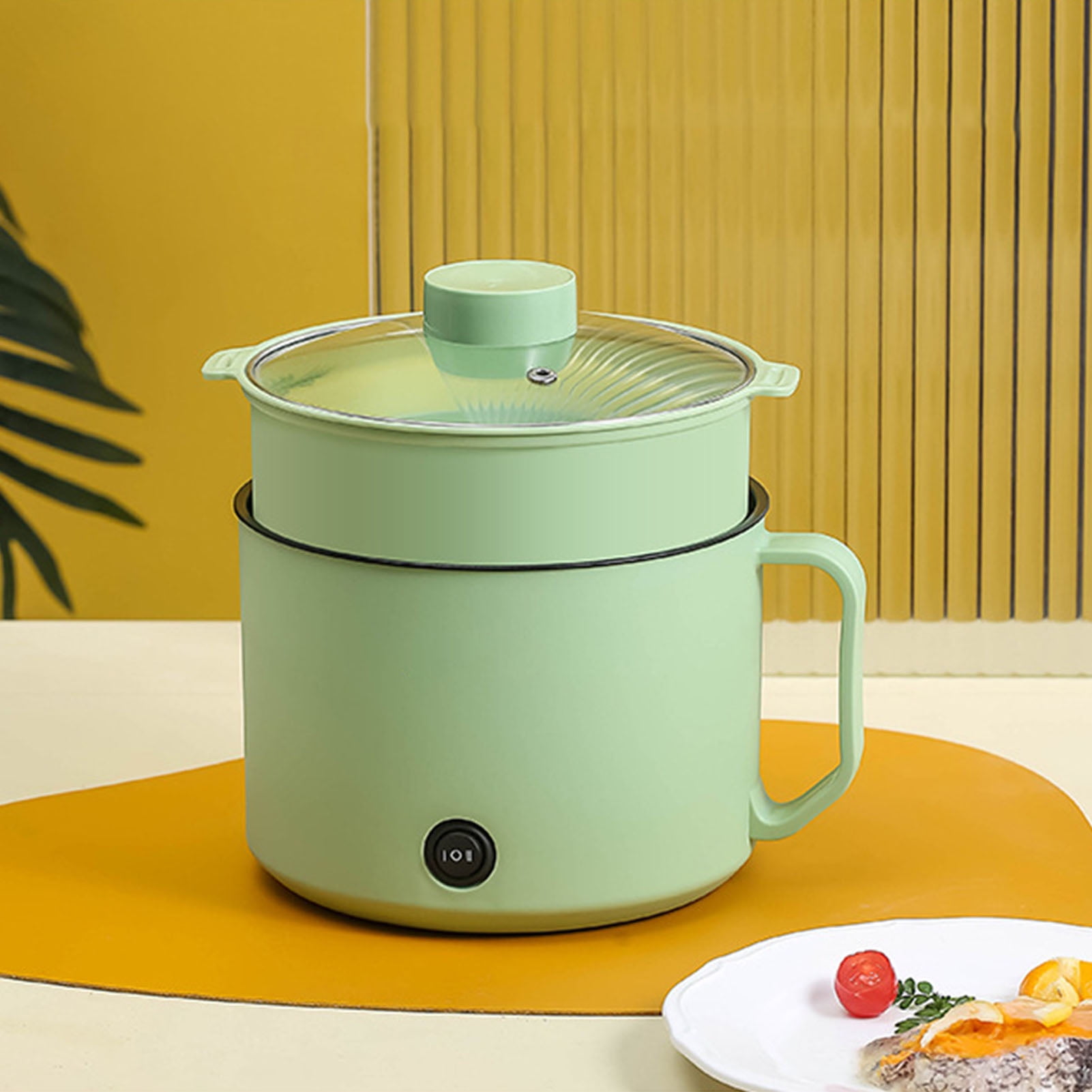 Multifunctional Electric Cooking Pot Small Mini Electric Cooker Rapid Noodle Cooker for Student Dormitories Personal Use CN 220V Mint Green and Food