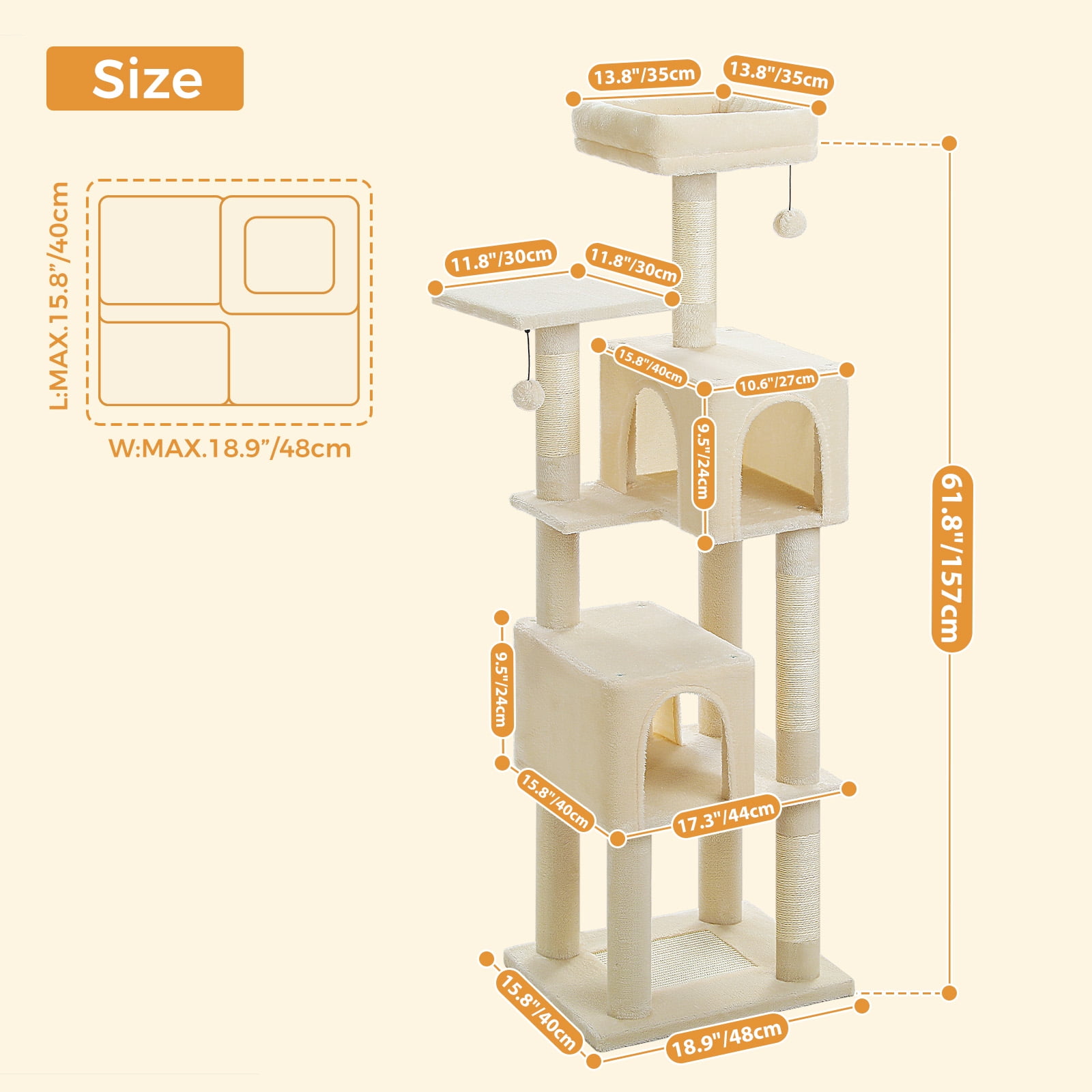 resenkos 62" Multi-Level Cat Tree for Indoor Cats, Cat Tower with Cozy Cat Condo and Top Perch for Small&Medium Cat, Beige