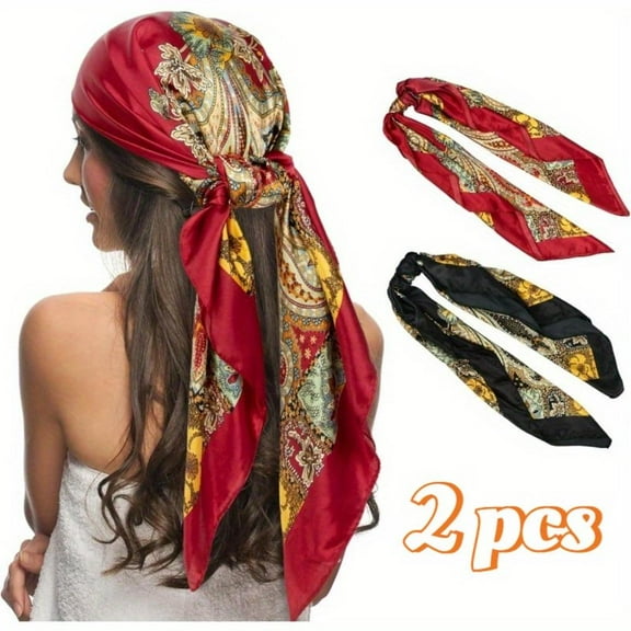 2Pcs 35" Polyester Headscarf, Multifunctional Printed Silk Bandana, Reusable Pirate Costume Accessories, Suitable for Hair Wrapping & Sleeping, Party, Daily Wear