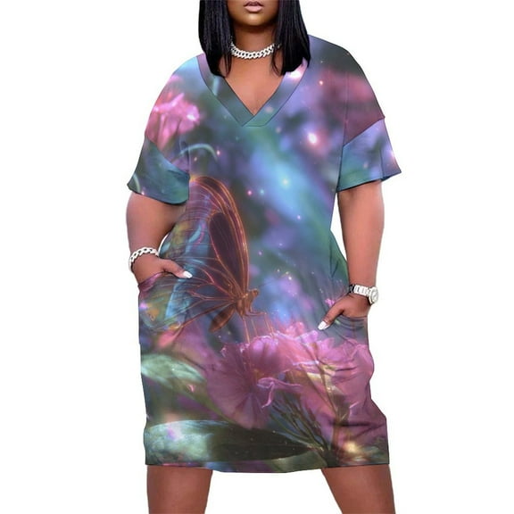 Iridescent Butterfly Magical Flower Garden Summer Sundress for Curve Women Casual Pattern Plus Size V Neck Short Sleeve Loose Fit Oversize Dresses