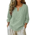 thumbnail image 3 of Women's Cotton Linen 3/4 Sleeve V Neck Lace Blouse Loose Fit Casual, 3 of 7