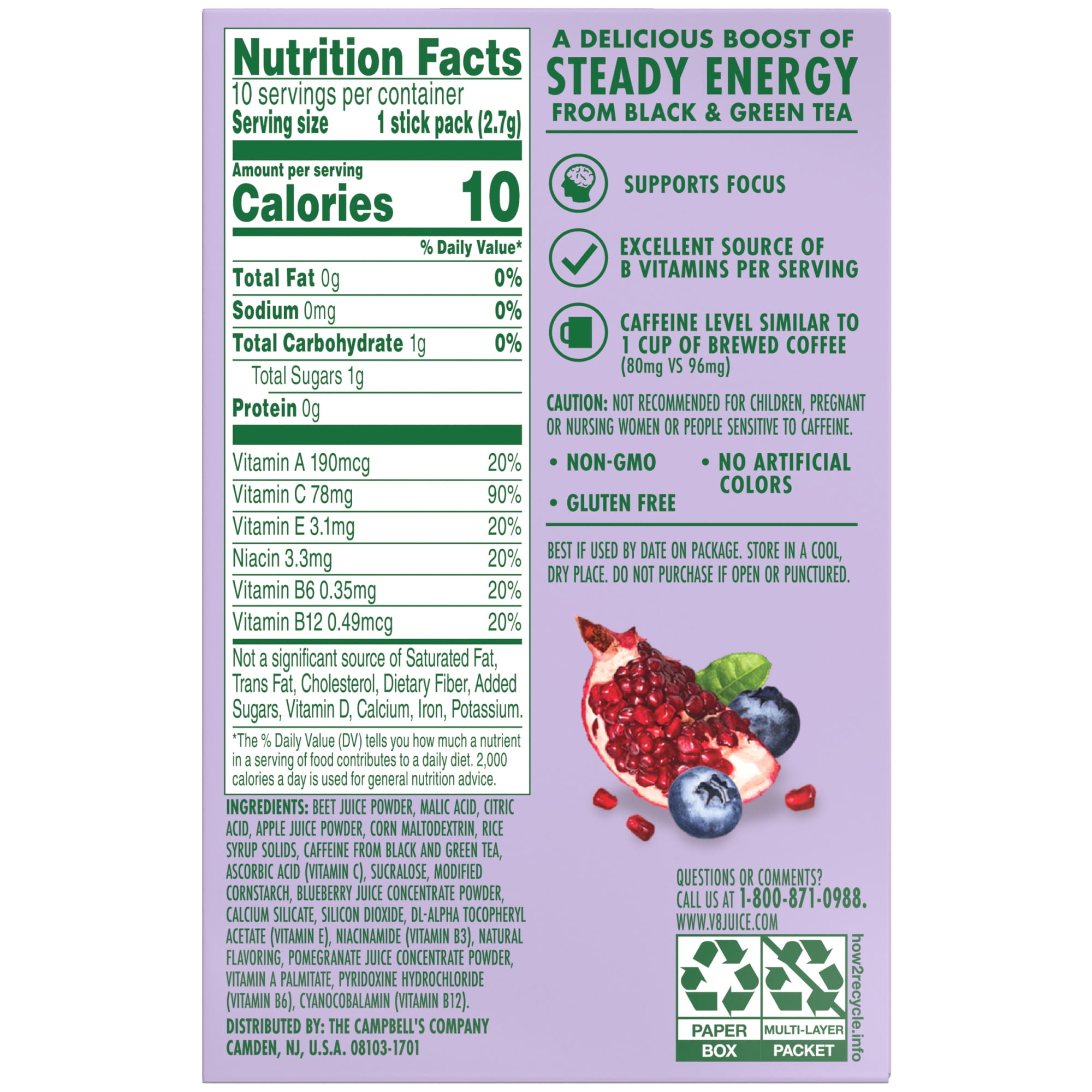 (12 pack) V8 Energy Pomegranate Blueberry Energy Drink Powder, .10 oz Packet (120 Count)