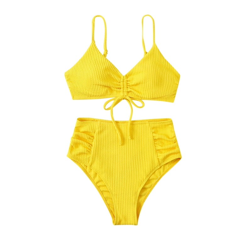JDEFEG Bathing Suits Two Piece Shorts Womens Summer Solid Bikini Swimsuit  High Waist Drawstring Bikini Set Cover Ups for Girls Size 14-16 Yellow L 
