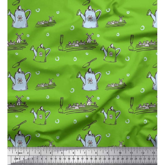 Soimoi Green polyester Crepe Fabric Windmill & Watering Can Garden Accessories Print Sewing Fabric Yard 42 Inch Wide