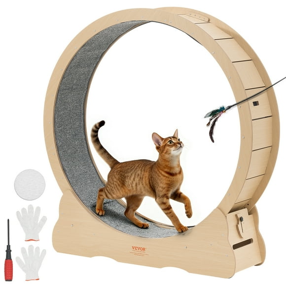 VEVOR Cat Exercise Wheel, 48 in Wooden Cat Running Wheel for Indoor Cats up to 28 lbs, Cats Treadmill with Carpeted Runway & Locking Mechanism, Quiet Roller Kitten Sport Toys for Pets Fitness & Health