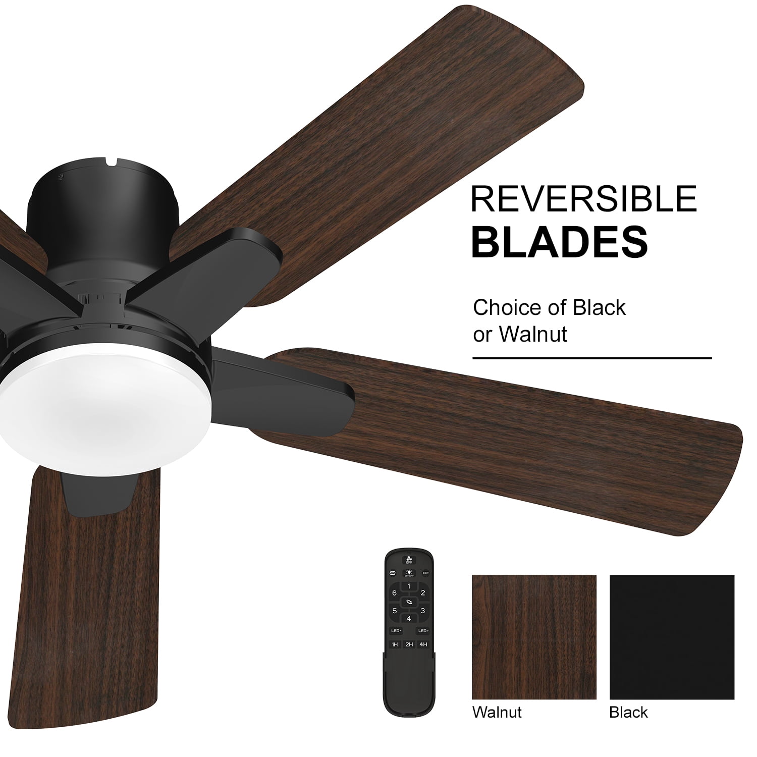 Manistays 42 inch Hugger Ceiling Fan with LED Light, Remote Control, 6 Speeds, 5 Blades, Black