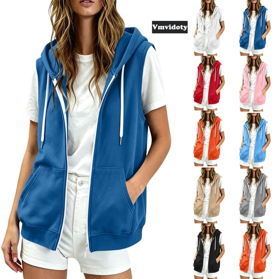 Vmvidoty Women's Lightweight Hooded Vest Sleeveless Full Zip-up Hoodie Drawstring Sweatshirt with Pockets Basic Solid Jacket Vests Blue L