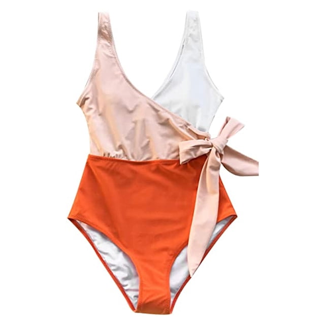 Traje de baño de una pieza para mujer Traje de baño cruzado con bloque de color y lazo lateral