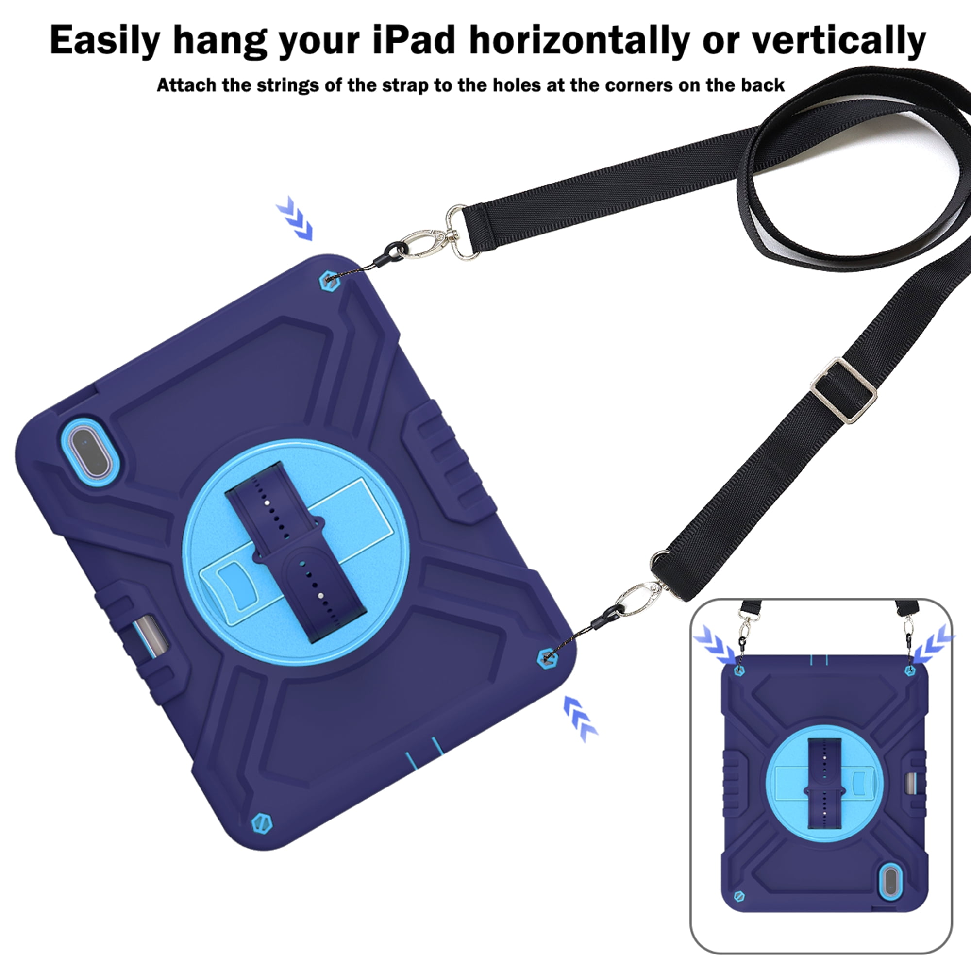 Dteck Kids Case for iPad 10th Generation Case 2022, Military Grade Shockproof Rugged Cover for iPad 10th Gen 10.9 Inch with 360° Swivel Stand - Handle - Shoulder Strap - Pencil Holder,Navy Blue