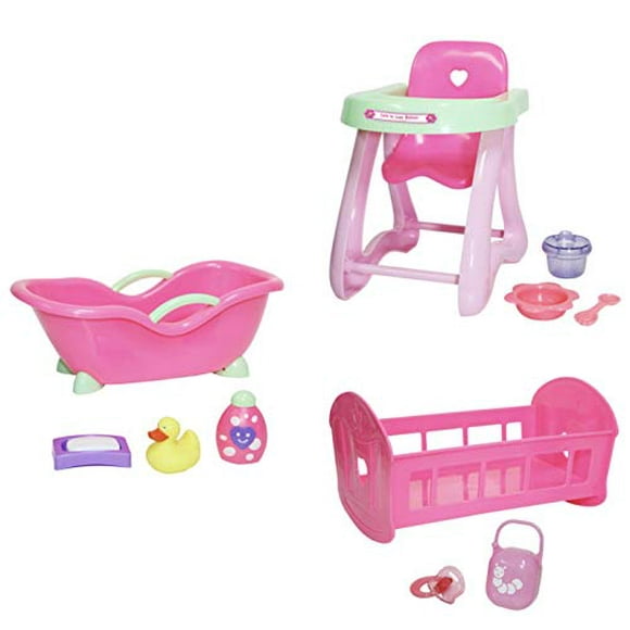 JC Toys Deluxe Doll Accessory Bundle | High Chair, Crib, Bath and Extra Accessories for Dolls up to 11" | Fits 11" La Baby & Other Similar Sized Dolls