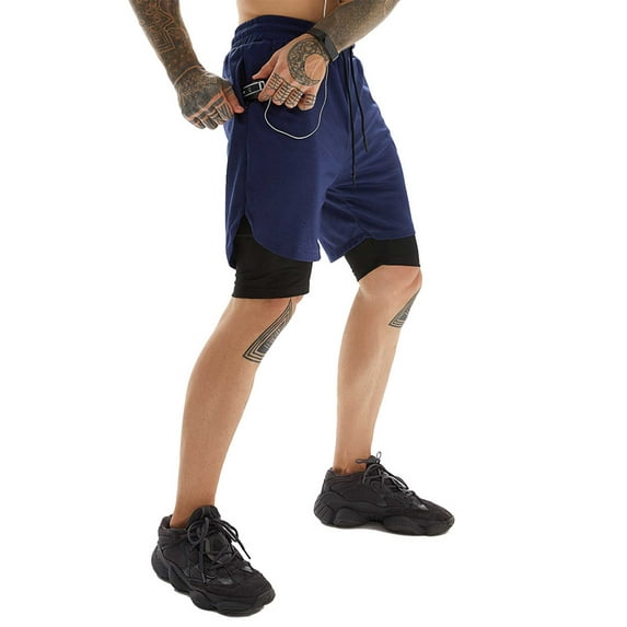 Genuiskids Mens 2 in 1 Running Shorts | Gym Workout Athletic Training Compression Underwear Liner Double Layer Sports Shorts with Headphone Cable Hole White