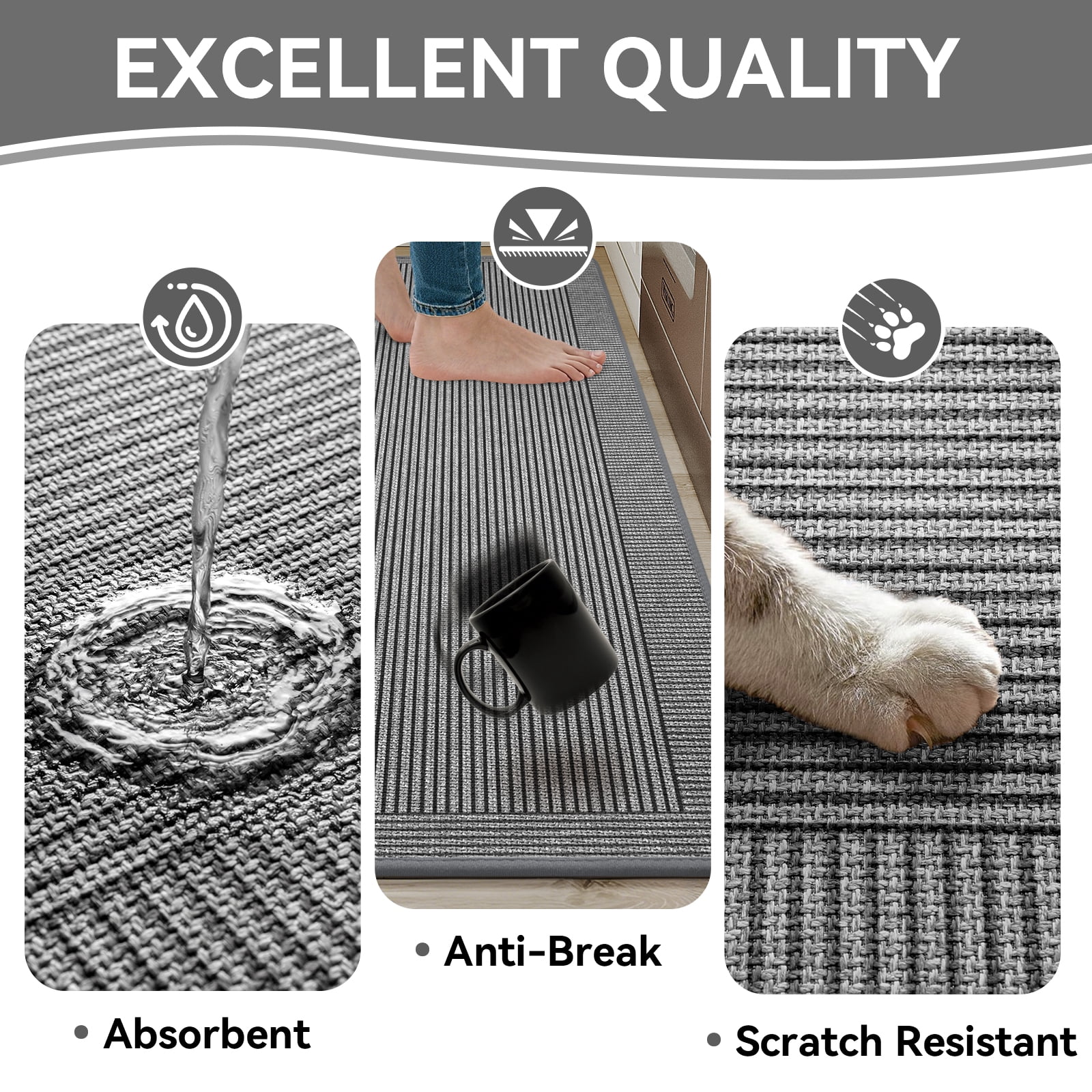 QiCaiJia Kitchen Rugs Set of 2, 17''x30''+17''x47'' Gray Kitchen Mats for Floor, Washable Non Slip Absorbent Kitchen Mat, Braided Kitchen Runner Rug, Kitchen Sink Rug