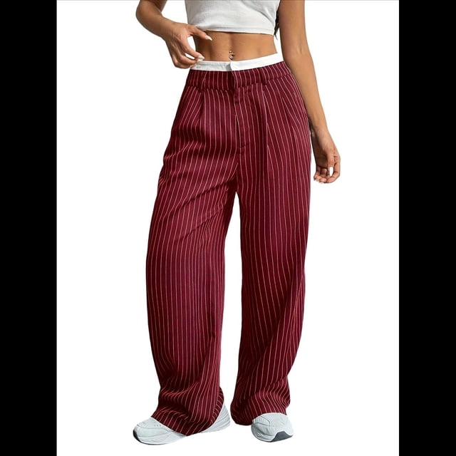 Pantalones Anchos y Holgados para Mujer, Estilo Palazzo Harén, Informales, A Rayas, con Cintura Elástica y Bolsillos Vino Tinto XXL