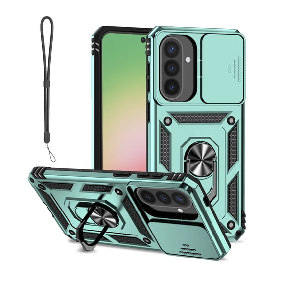 Mynvo Case for Samsung Galaxy A57 with Kickstand, Slim Lightweight Hard PC Rugged with Slide Camera Cover Non-Slip Anti-Fingerprint Shockproof Protective Back Cover for Women Men, Darkgreen