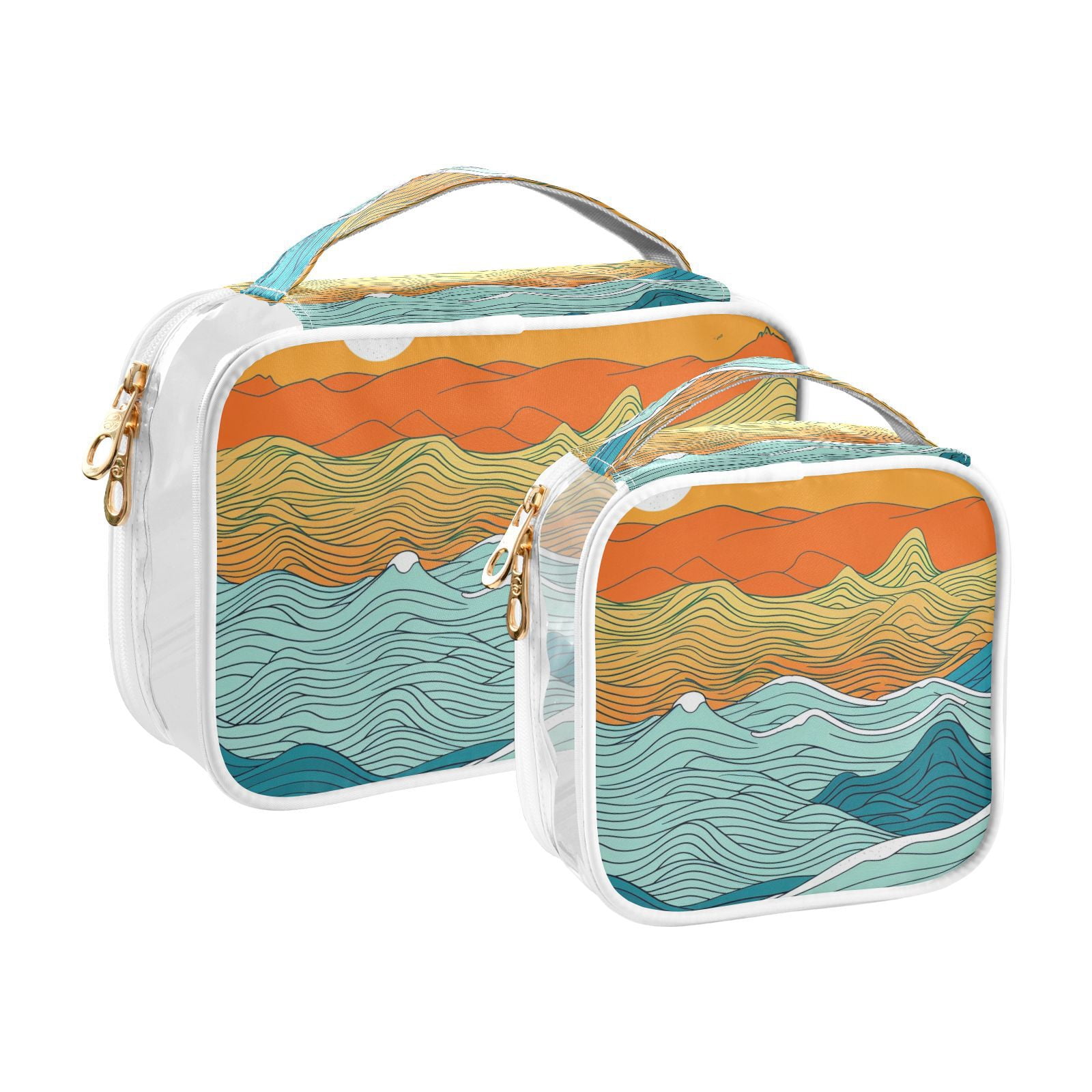 Clear Makeup Bags with Handle Large Opening 2 Pack Set Toiletry Bag Quart Size Bag, for Women Man Traveling Travel Essentials, Toiletries and Other. Hand Drawing Wave Sea