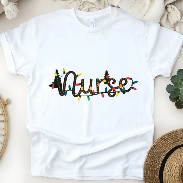 Nurse Graphic T-Shirt with String Lights Design, Unisex Casual Tee, White, Size L