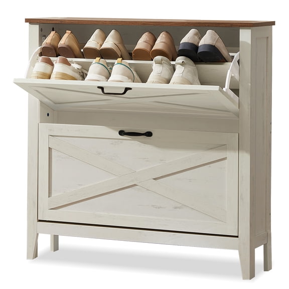VASAGLE Farmhouse Shoe Cabinet, Narrow Storage Organizer, 2 Flip Drawers
