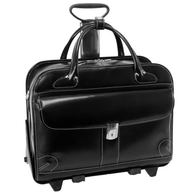 Lakewood - Black Leather Fly-Through Checkpoint-Friendly Detachable-Wheeled Ladies Briefcase