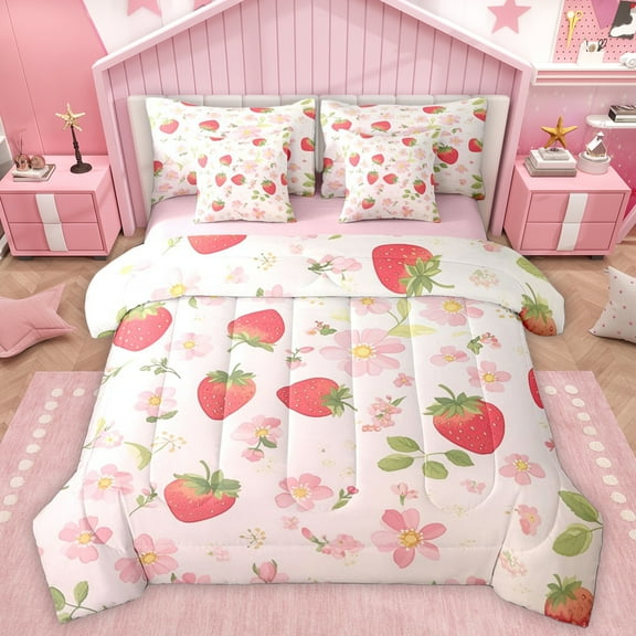 Homewish Kids Strawberry Fruit Twin Bedding Sets 7-Piece, Pink Blossoms Flower Bedding Comforter Set, Princess Cartoon Theme Reversible Sheet Sets, Lightweight Room Decor