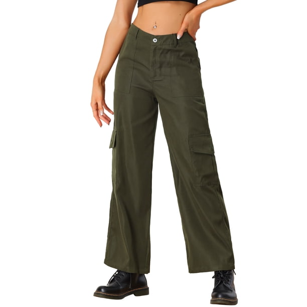 Pantalones cargo de mujer Daring Diva de tiro medio, anchos y holgados, estilo Y2K, casuales con bolsillos en verde ejército