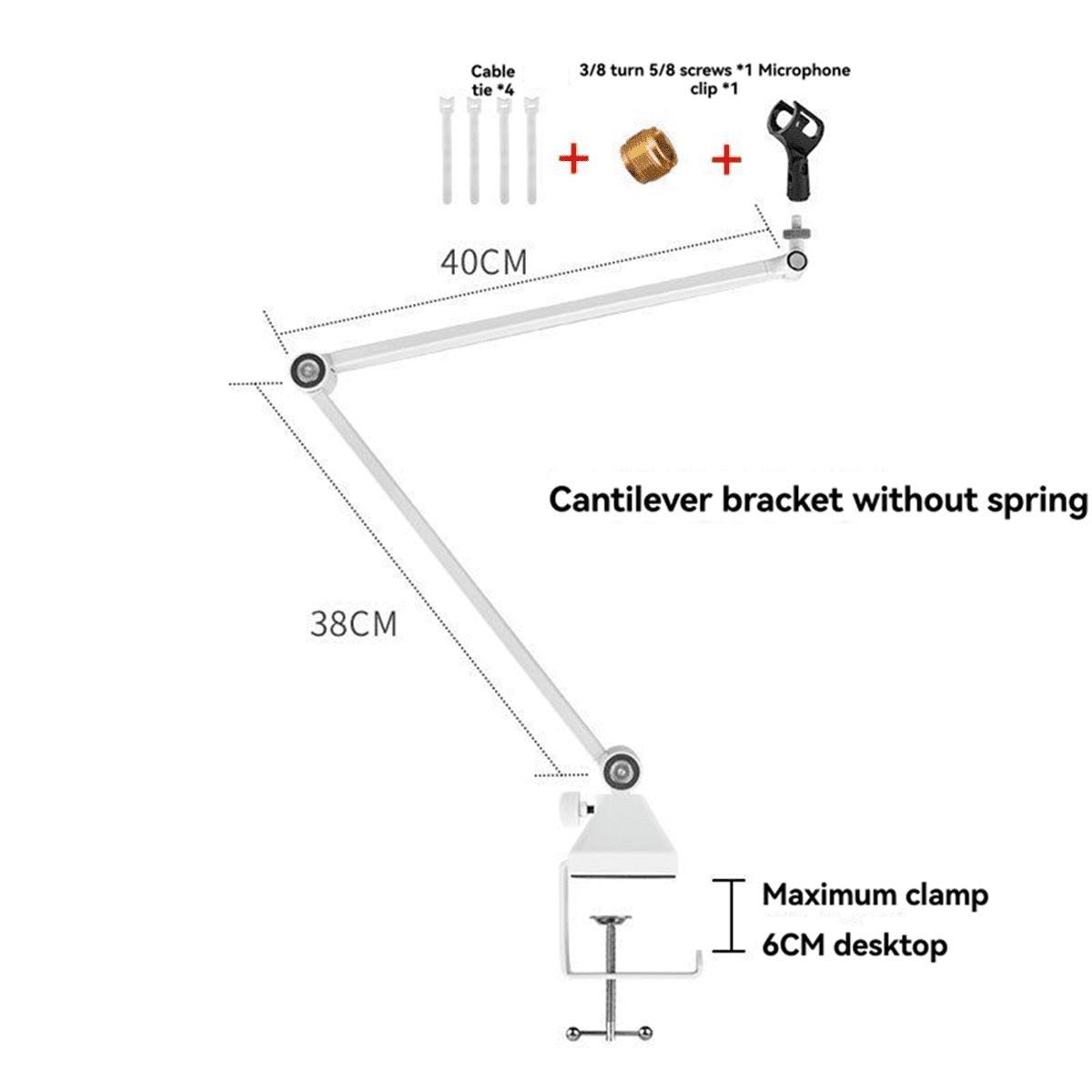 Mic Arm, 360° Rotatable Microphone Boom Arm Mic Stand, with Mic Clip , 3/8In to 5/8In Adapter Microphone Stand White