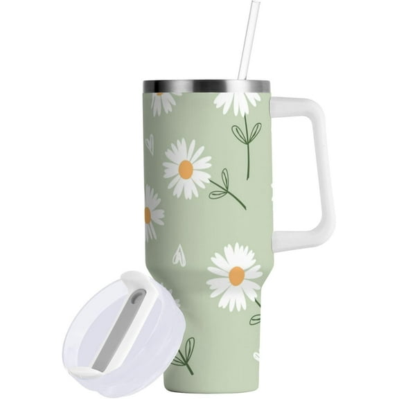 Daisy Flower Tumbler Handle Lid and Straw Hearts Green Water Bottle Stainless Steel Coffee Travel Tumbler Mug Cup Gifts for Men Women 30oz