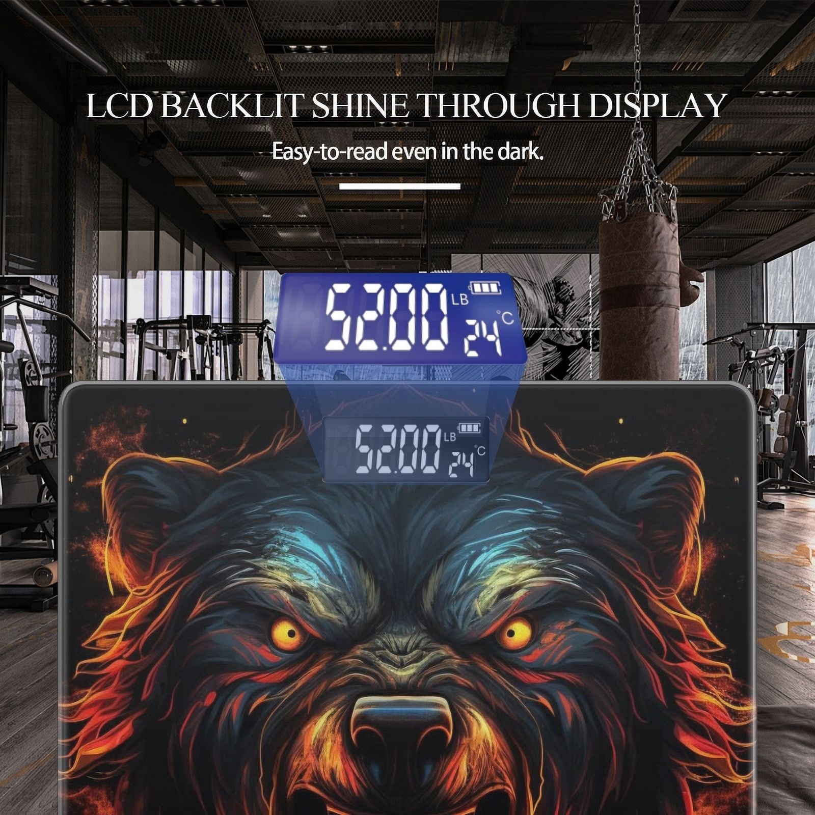 Bathroom Scale, Highly Accurate Digital Body Scale,Precisely Measures Weight up to 400 lbs-Fierce Bear Head With Glowing Eyes And Sharp Teeth
