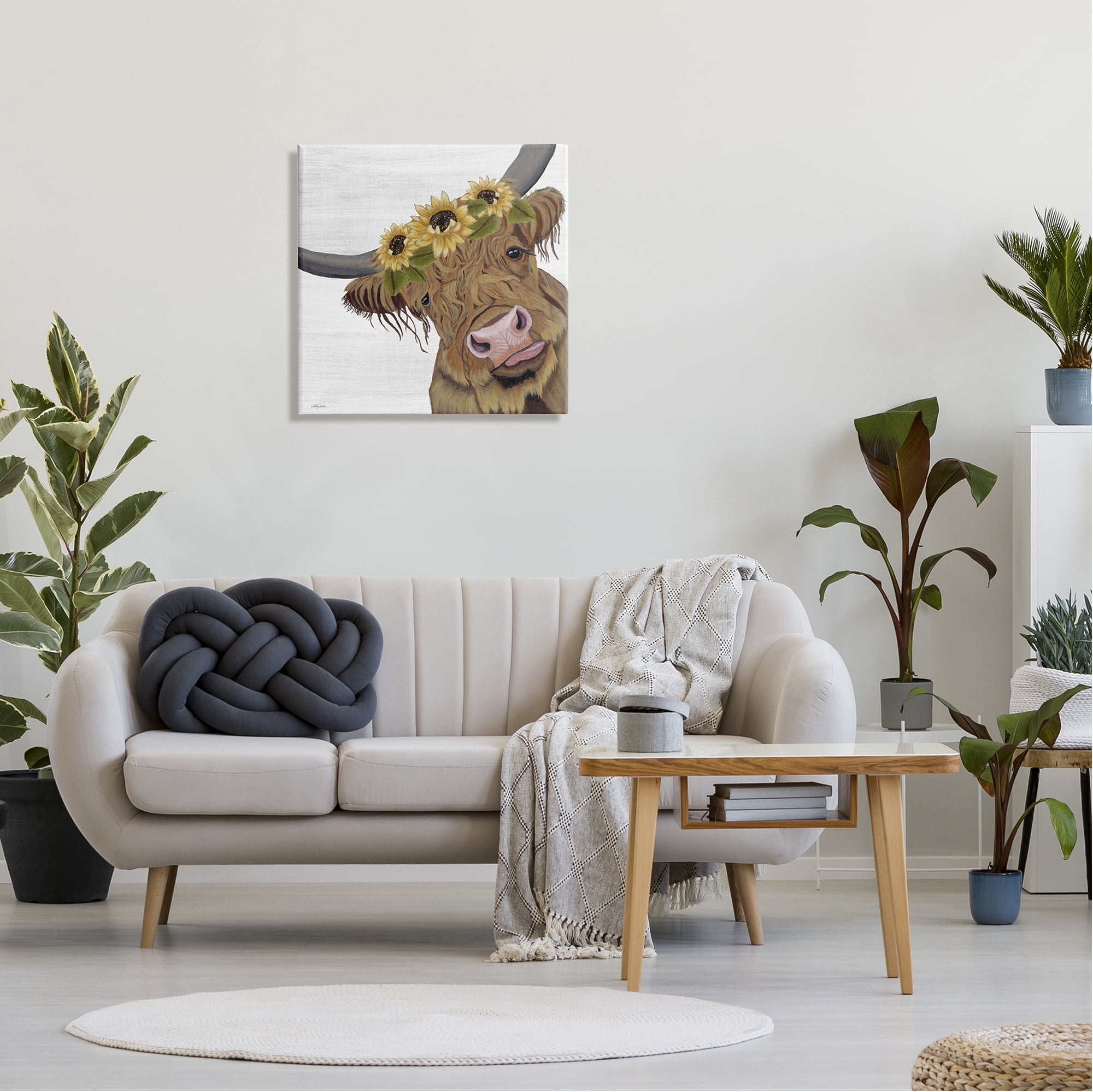 Stupell Cute Highland Cattle Sunflower Crown Animals & Insects Painting Gallery Wrapped Canvas Print Wall Art