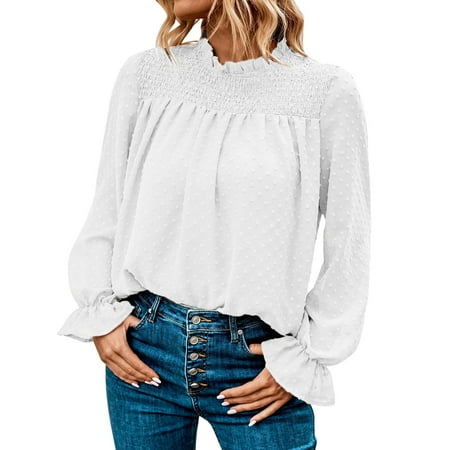 

Pianpianzi Womens Plaid Flannel Sleep Shirt Womens Vintage Blouse Boyfriend T Shirts Women S Autumn And Winter Round Neck Ruffle Solid Color Polka Dot Long Sleeved Chiffon Shirt