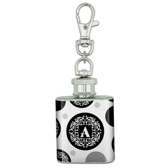 Letter A Initial Black White Scrolls Stainless Steel 1oz Mini Flask Key Chain