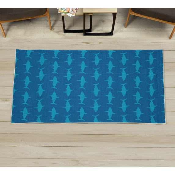 Sea Animals Decorative Rug, Sharks Swimming Horizontal Silhouettes Powerful Dangerous Wild Life, Quality Carpet for Bedroom Dorm and Living Room, 6 Sizes, Sea Blue, by Ambesonne