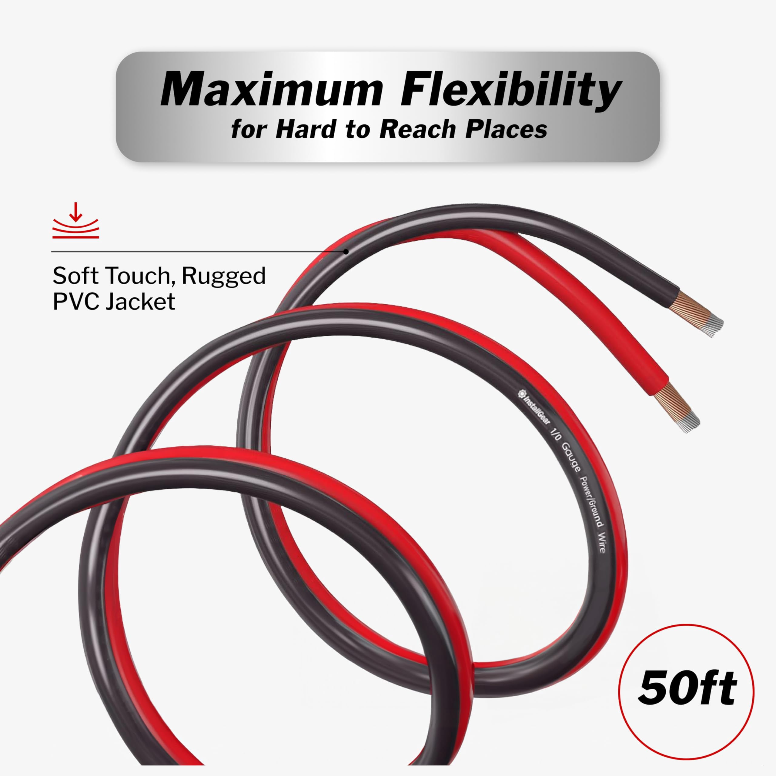 InstallGear 1/0 Gauge Wire (50ft) Copper Clad Aluminum CCA - Battery Cables, Car Amplifier Power and Ground Wire - Automotive, Car Audio Speaker Stereo, RV Trailer, Welding Cable, Primary Wiring