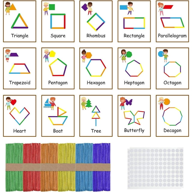 252 Pcs Shapes Flash Cards with Sticks Activity Game Include 15 Shape Learning Cards 120 Multi Wooden Sticks 117 White Hook for Kids, Develops Shape Recognition 3D Shapes