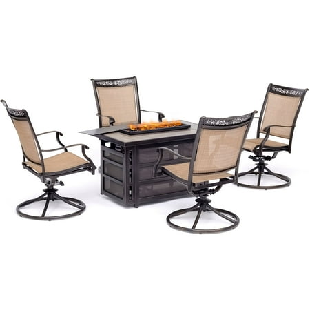 Fire Pit Chat Sets Hanover Fontana 5-Piece Fire Pit Chat Set with 4 Sling Swivel Rockers and a 30,000 BTU Gas Fire Pit Coffee Table ()