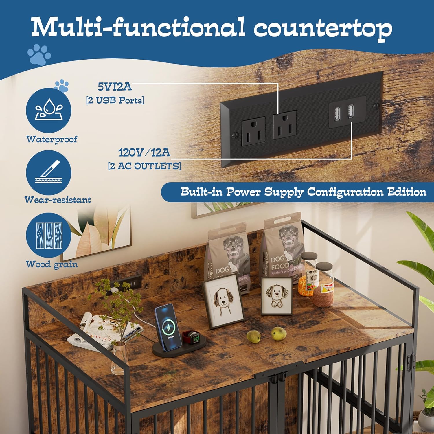 48" Dog Crate Furniture for Large Dogs, Wooden Dog Kennel with 360° Rotating Feeder Bowls and 3 Doors, Indoor Dogs Crates with USB Charging Station, Heavy Duty Medium Dog Cage