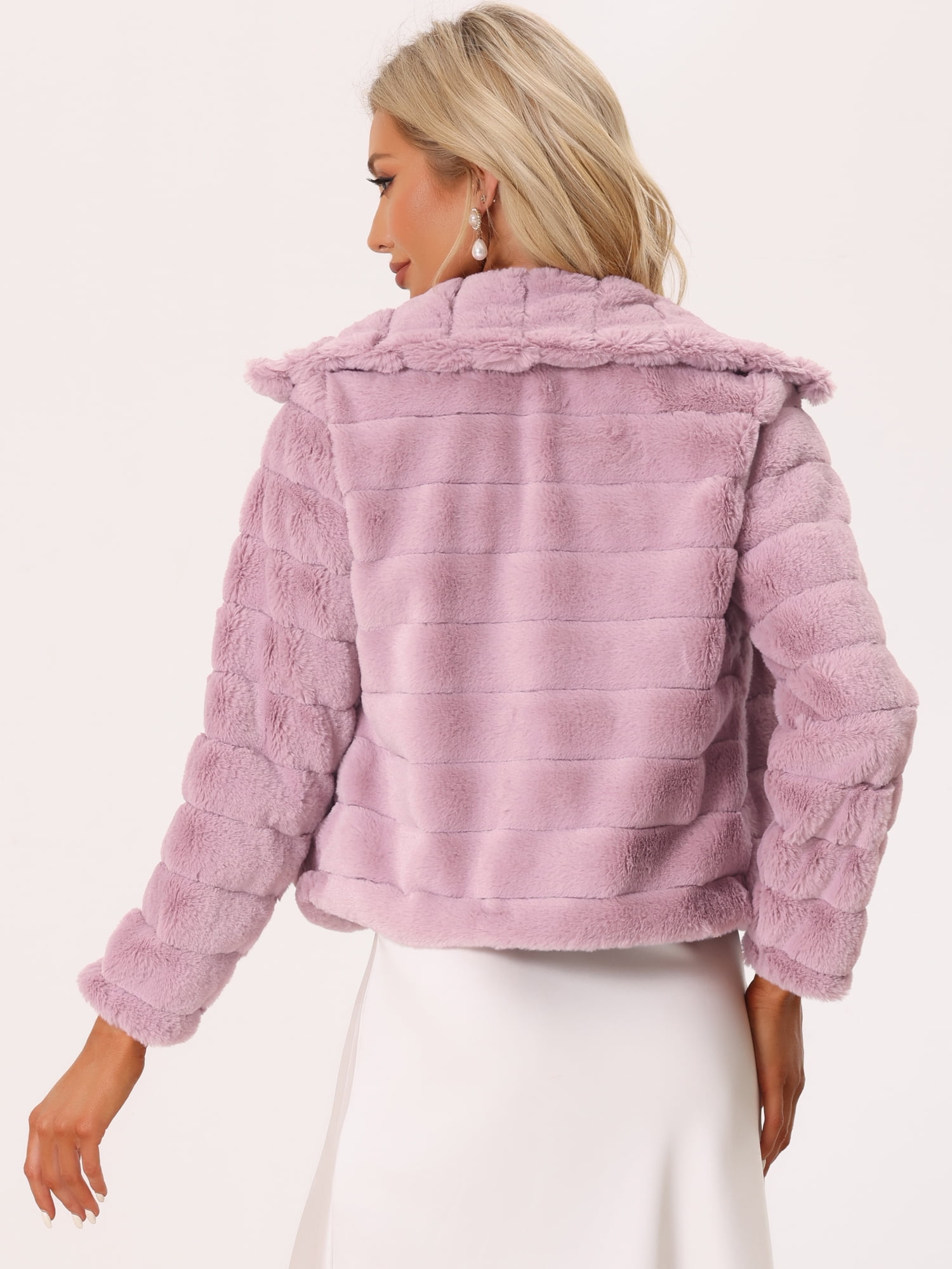 DARING DIVA Women's Faux Fur Fluffy Coat Collar Cropped Jacket M Pink