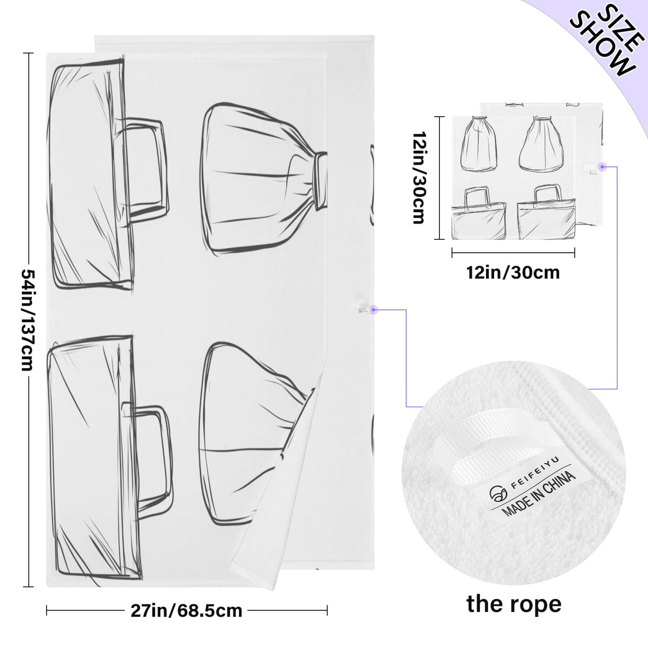 Hand Drawn Bag 2 Piece Cotton Bath and Face Towel Set Soft and Absorbent, for Beach Pool Bathroom