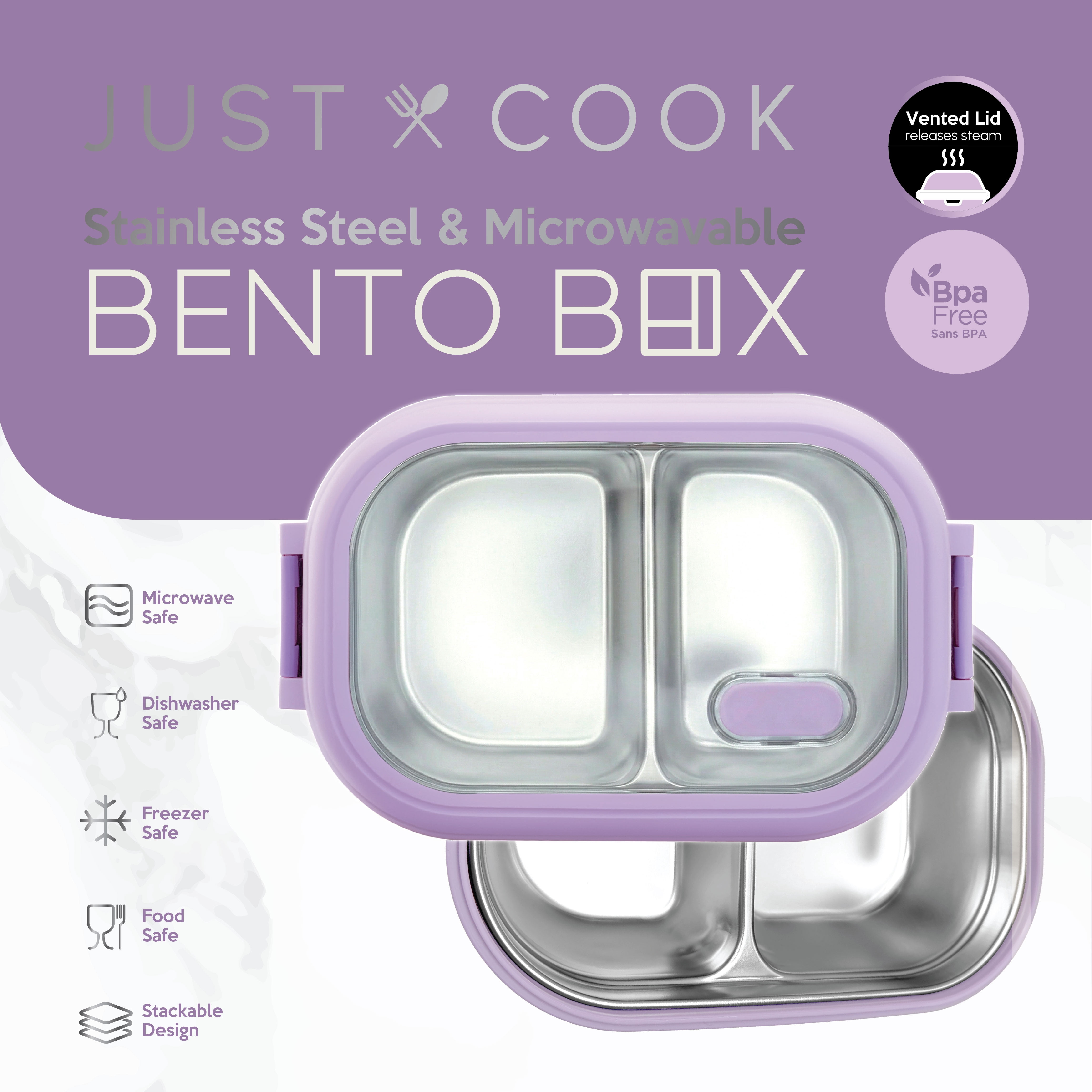 Just Cook Purple 1000 ml 2 Section Microwave Safe Stainless Steel Bento Box