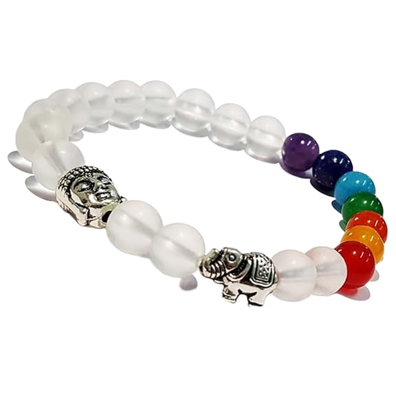 Natural 7 Chakra Stone & Crystal Quartz 8mm Round Shape Smooth Cut Beads Stretchable Bracelet For Men & Women. Unisex Bracelet