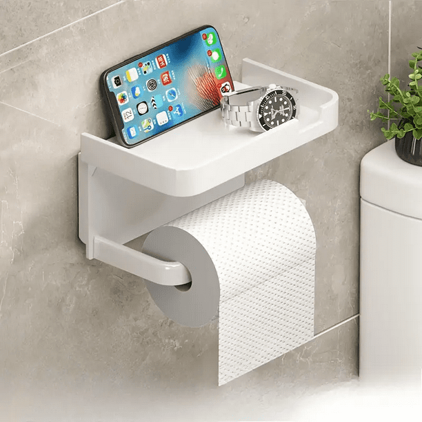 Soporte de papel higiénico montado en la pared, plástico ABS duradero, sin taladro, estante de pañuelos adhesivo, estante de almacenamiento para ahorrar espacio, materia impermeable