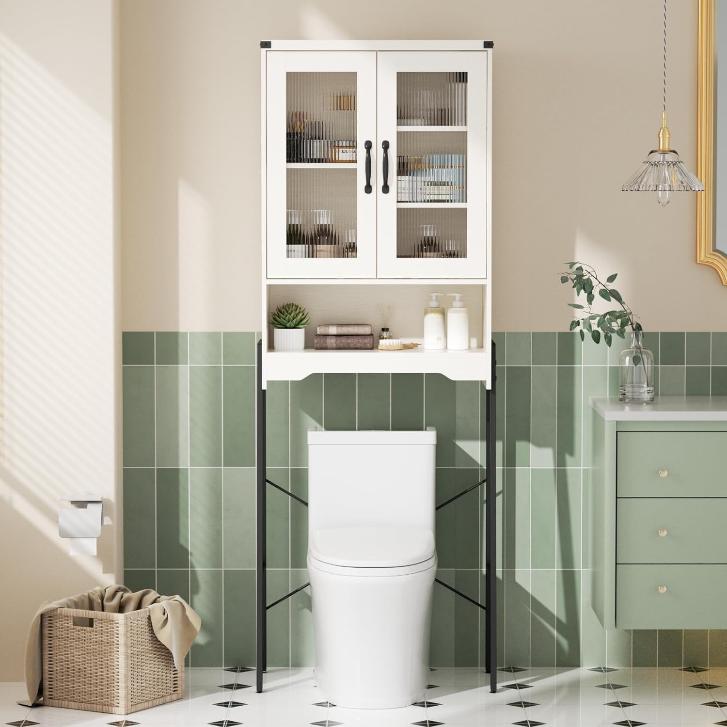 VEANERWOOD Over The Toilet Storage Cabinet with Tempered Glass Doors & Adjustable Shelf, Tall Freestanding Rack, White