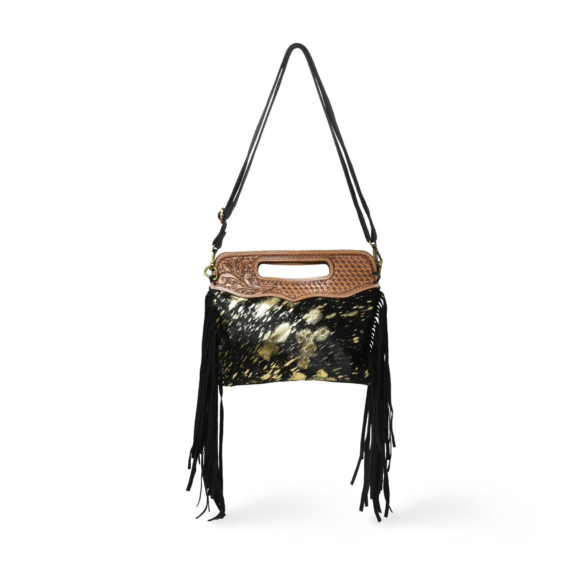 Women's Western Fringe Leather Hand Bag – Sling Bag Suede Hair-On Handbag with Adjustable Strap, Handmade Sling Purse 12"x10" Black n Golden