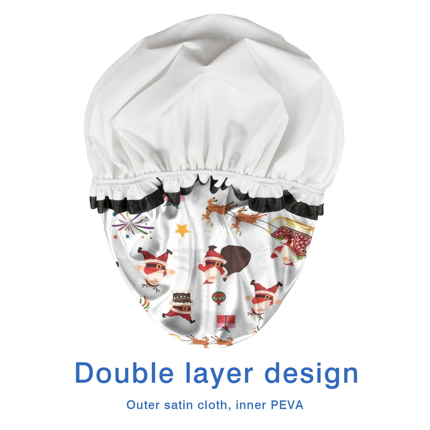Shower Caps,White Christmas Santa Pattern Waterproof Shower Cap for Women 4 Pieces,Double Reusable Hair Cover for Shower PEVA Elastic Stretch Hem