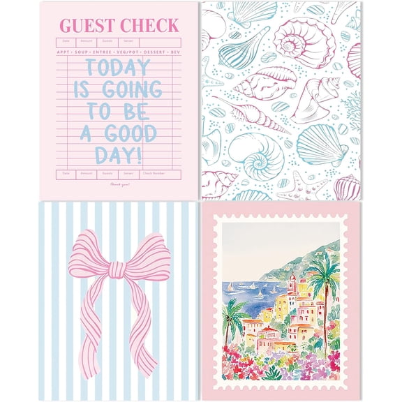 Pink and Blue Preppy Beach Wall Art Decor 8x10 Unframed Set of 4, Coquette Girly Pink Bow Amalfi Coast Seashell Coastal Travel Poster Prints Pictures Wall Decor for Girls Bedroom Dorm
