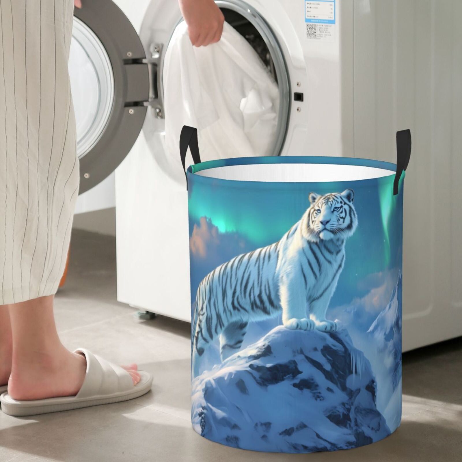Large Laundry Basket with Handles - Majestic White Tiger Snow Peak Kids Baby Dirty Clothes Laundry Hamper for Bedroom Aesthetic