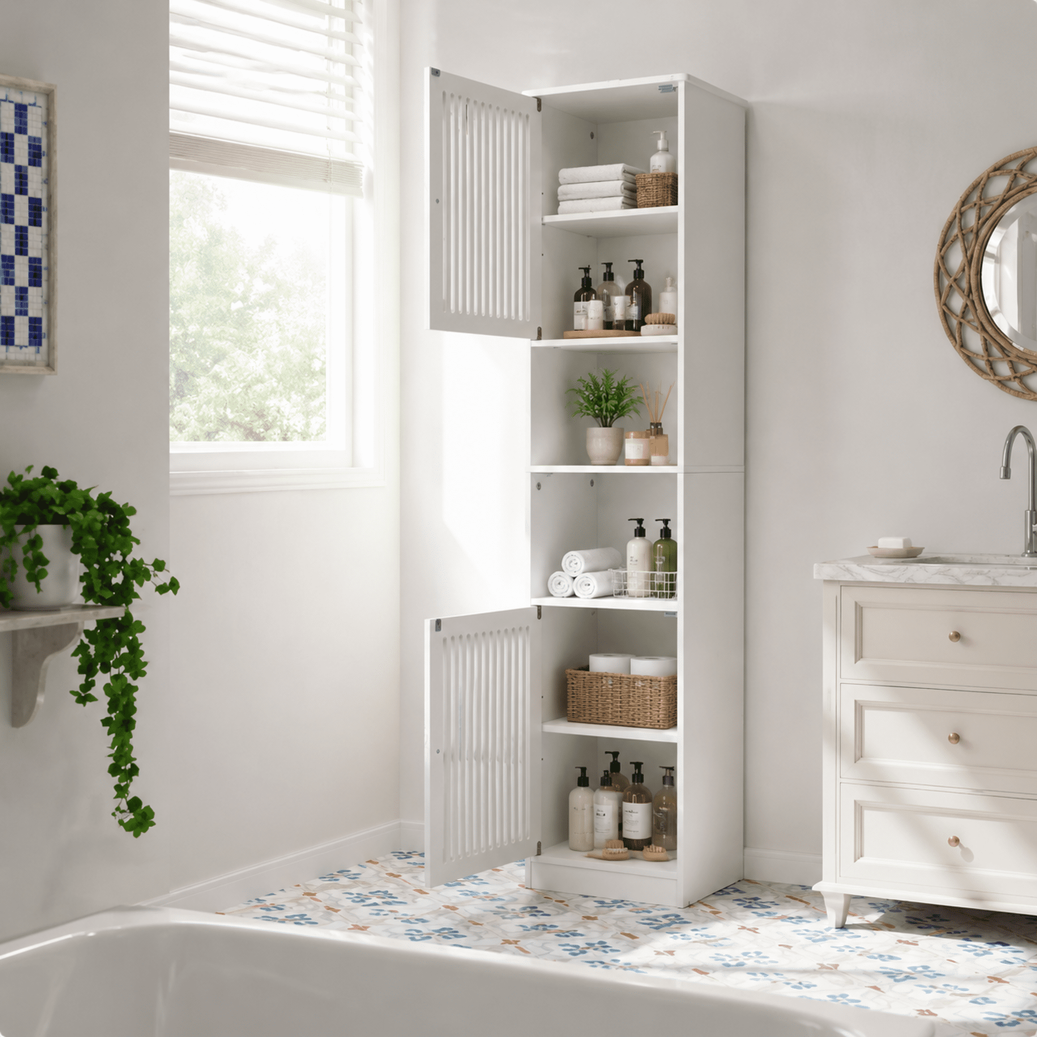 64 Inch White Tall Bathroom Storage Cabinet with Adjustable Shelves, Louvered Door Floor Standing Cabinet, Multi-Tier Vertical Narrow Organizer Unit for Bathroom Bedroom Entryway