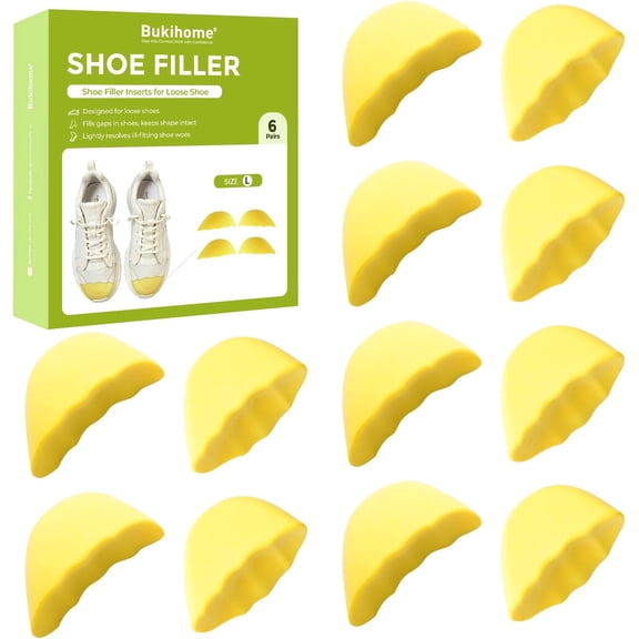 Bukihome Shoe Filler Inserts for Loose Shoes, 6 Pairs Shoe Toe Fillers for Men & Women, Adjustable Foam Insoles for Extra Space, Shoe Stuffers for Sneakers, Boots, Flats (Yellow, Large Size)