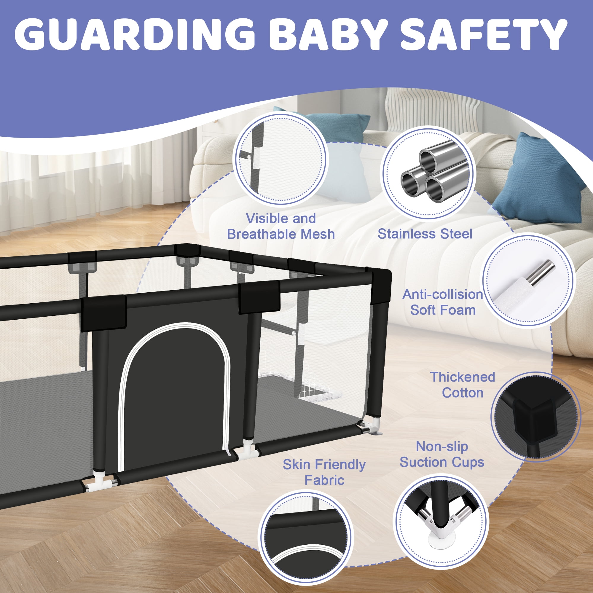 Baby Playpen, HDJ 71 inch Extra Large Baby Play Yard with Soft Breathable Mesh, Play Fence for Infant and Toddlers, Anti-Slip Base, Black